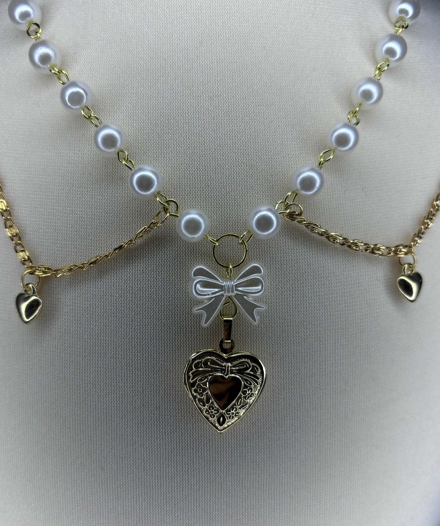 Gold Heart Locket Bow Pearl Necklace