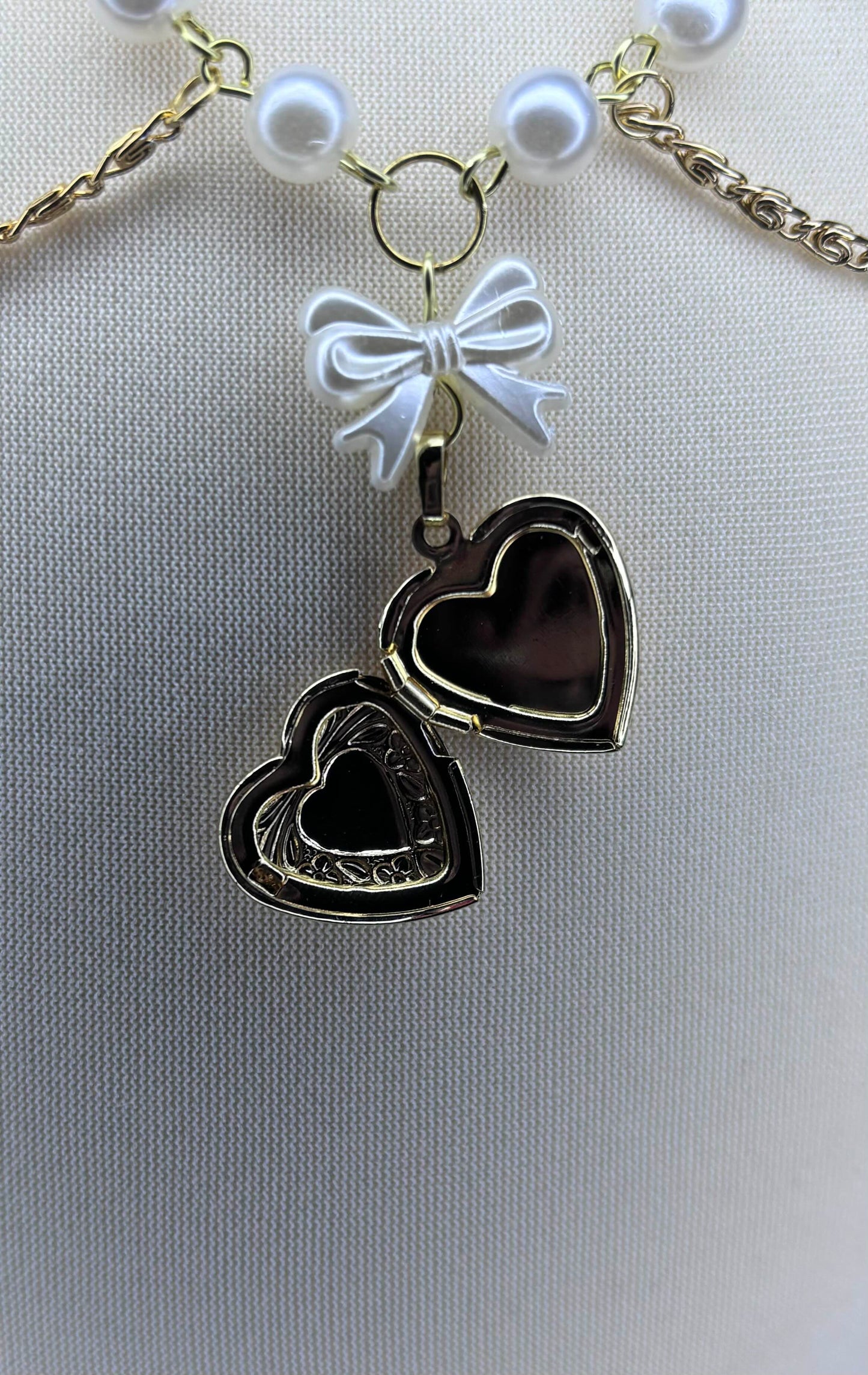 Gold Heart Locket Bow Pearl Necklace