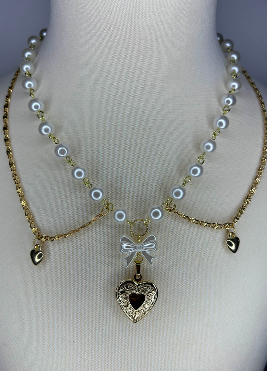 Gold Heart Locket Bow Pearl Necklace