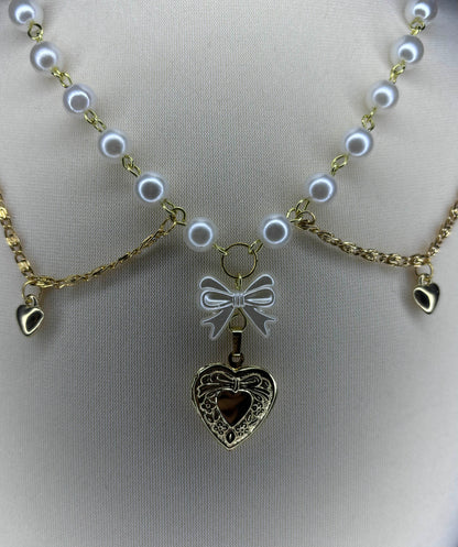 Gold Heart Locket Bow Pearl Necklace