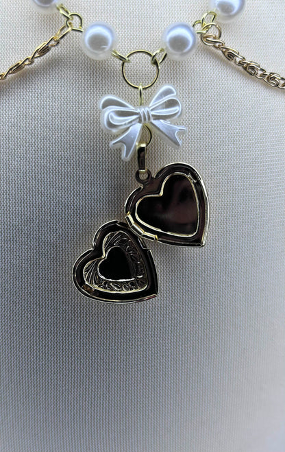 Gold Heart Locket Bow Pearl Necklace